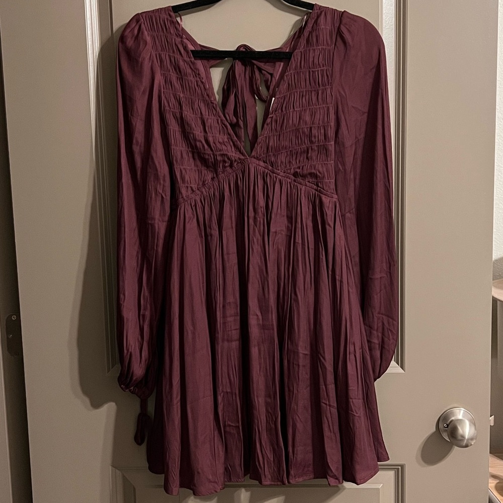 NWT Mustard Seed, V Neck Long Sleeve Mini Dress, Wine, Small